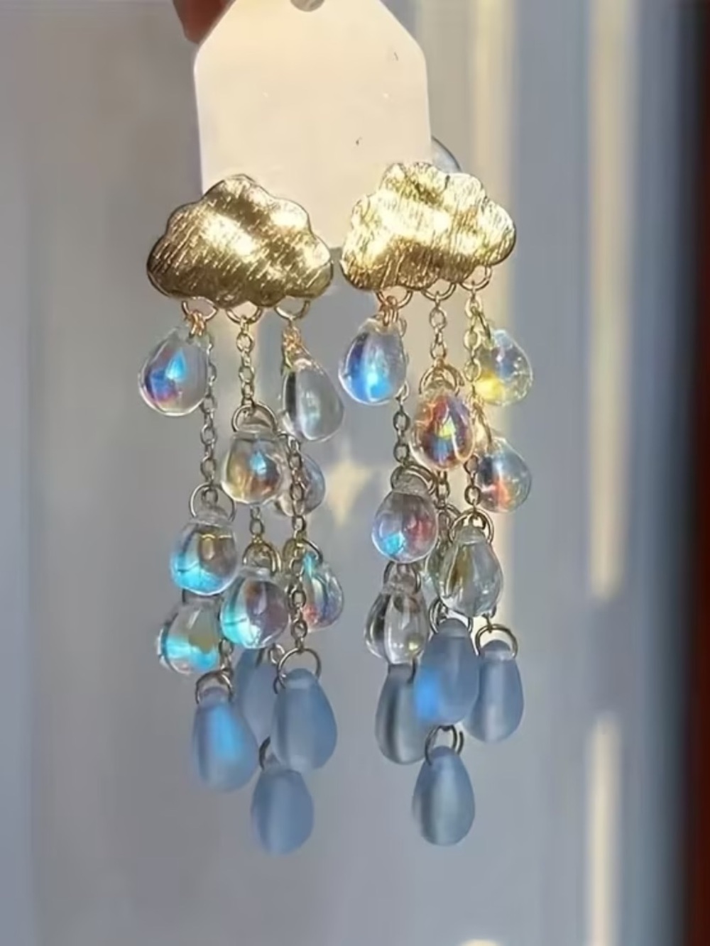 Cloud Dangle Earrings with Iridescent and Frosted Blue Drops